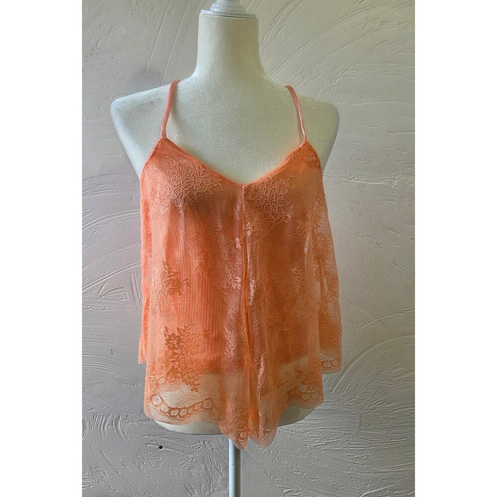 Willow & Root Peach Tank Top Lace Floral Sheer Overlay Women's Size Small
